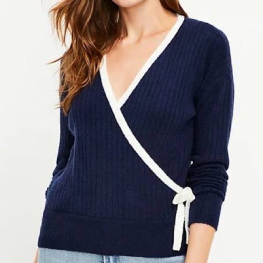 Loft Navy and White Wrap Sweater